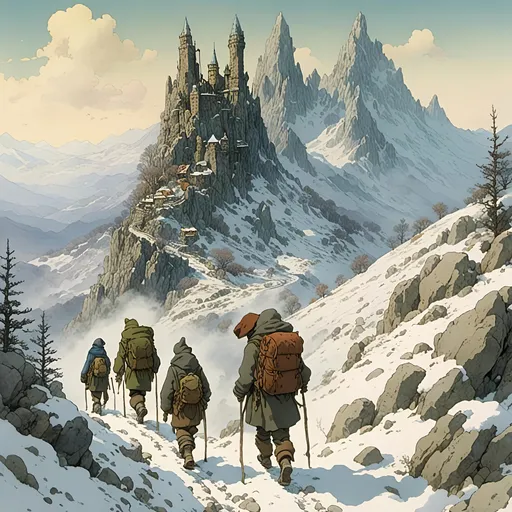 Prompt: <mymodel> a band of men hiking through the snowy mountains. studio ghibli style