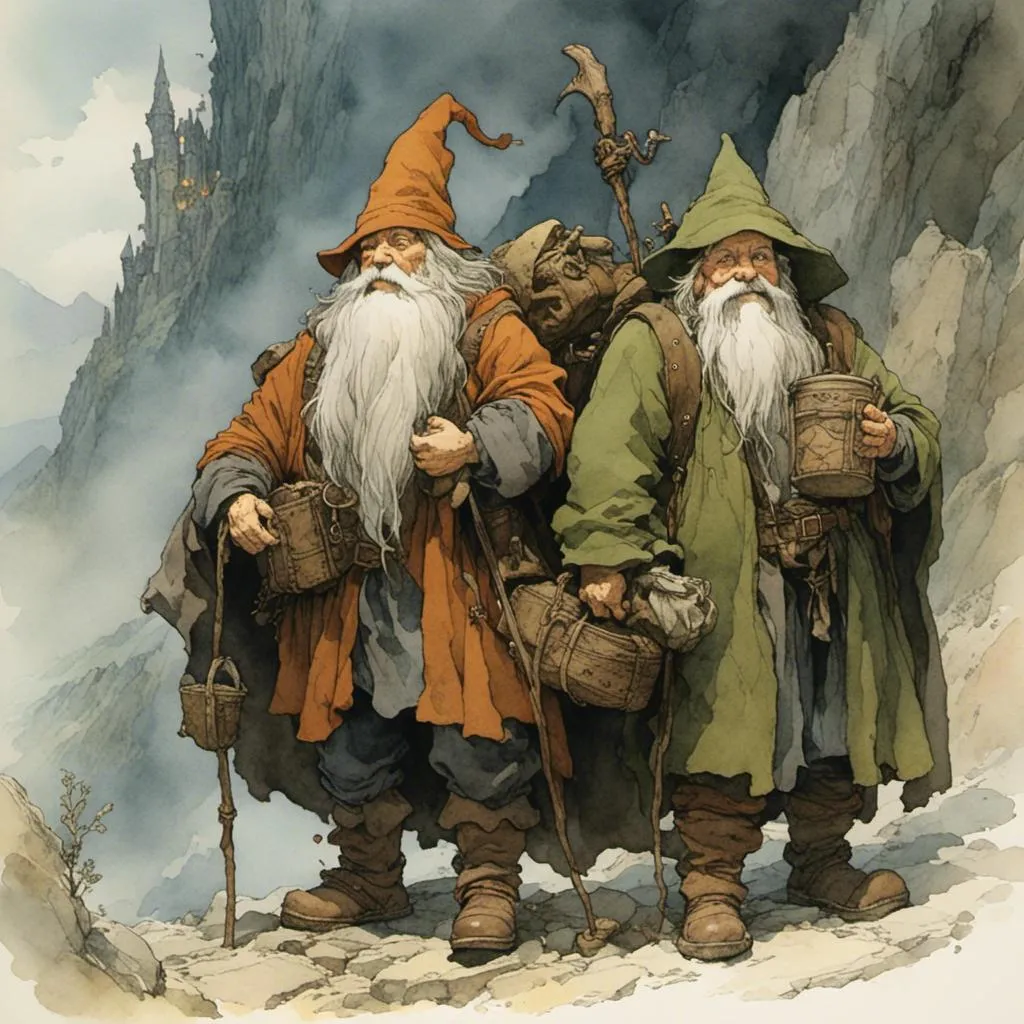 Prompt: <mymodel> a traveling crew consisting of a dwarf, wizard, and hobbit.