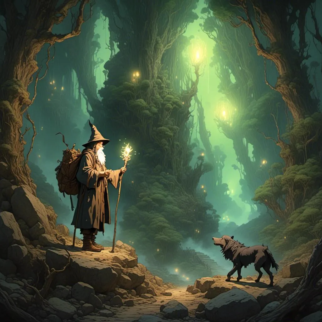 Prompt: <mymodel> a wizard wandering through a magical forest illuminated by the glow of the crystal on his staff. studio ghibli style