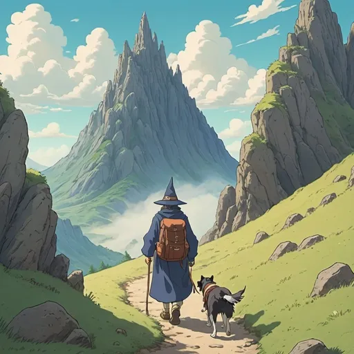 Prompt: A wizard walking through an ancient mountain with a backpack and his dog.

In a studio Ghibli style.
