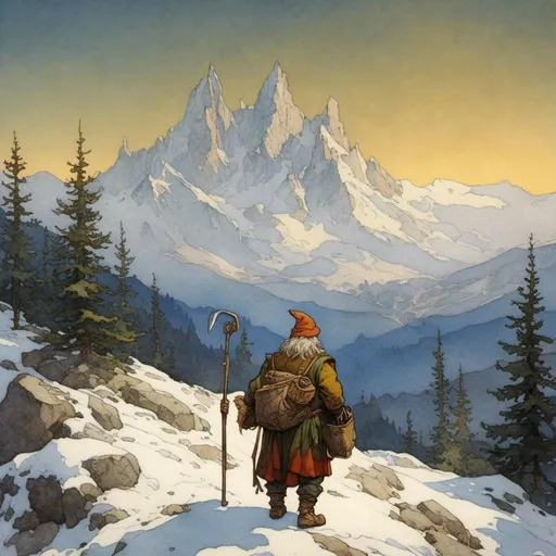 Prompt: <mymodel>lone wandering dwarf carrying a bag of tools, fantasy world, landscape, fantasy style, majestic snowy mountains, lush forests, magical creatures, ethereal lighting