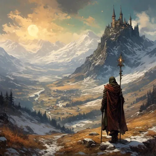 Prompt: <mymodel>the last black knight wandering the wasteland, fantasy world, landscape, fantasy style, majestic snowy mountains, lush forests, magical creatures, ethereal lighting