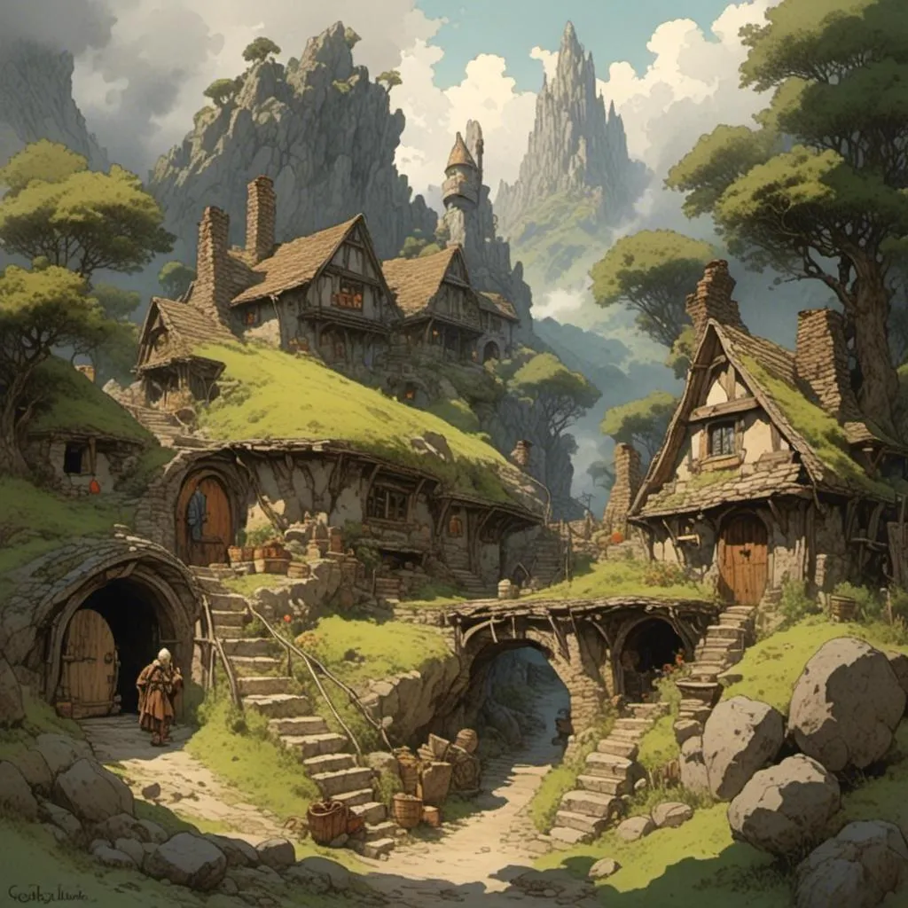 Prompt: <mymodel> a hobbit village