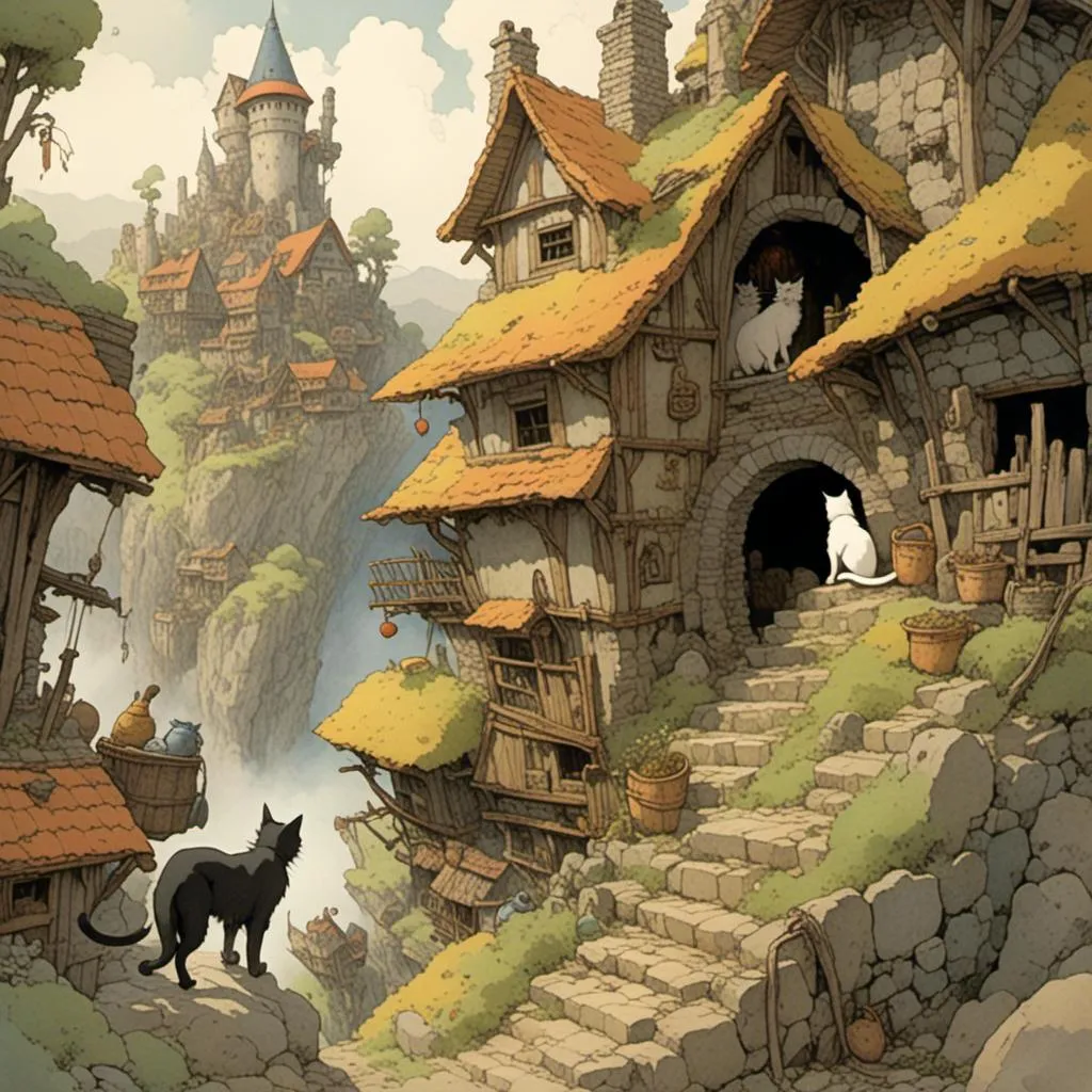 Prompt: <mymodel> a cat finding a village where the inhabitants are all cats. there should be other cats in the image. no humans. studio ghibli style. 