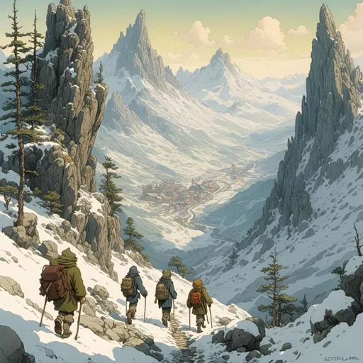 Prompt: <mymodel> a band of men hiking through the snowy mountains. studio ghibli style