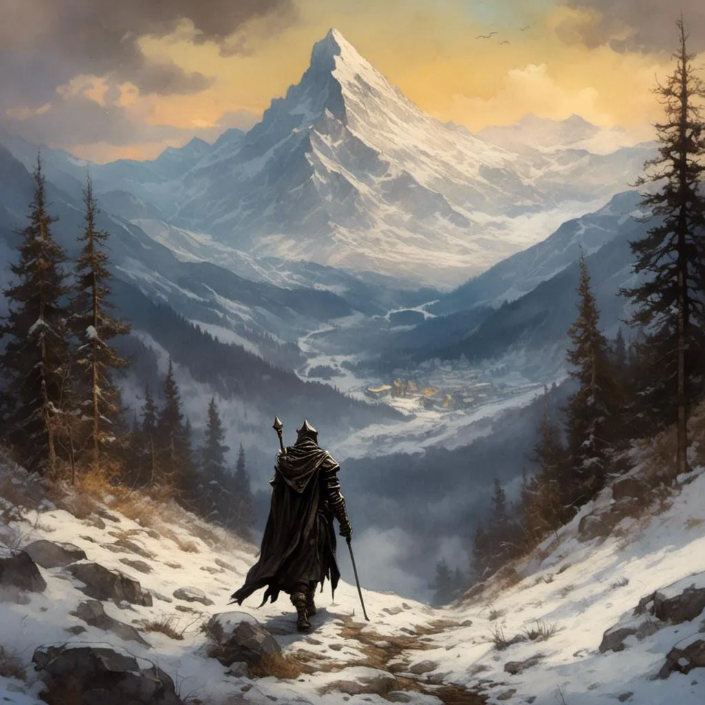 Prompt: <mymodel>the last black knight wandering the wasteland, fantasy world, landscape, fantasy style, majestic snowy mountains, lush forests, magical creatures, ethereal lighting