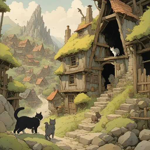 Prompt: <mymodel> a cat finding a village where the inhabitants are all cats. there should be other cats in the image. no humans. studio ghibli style. 