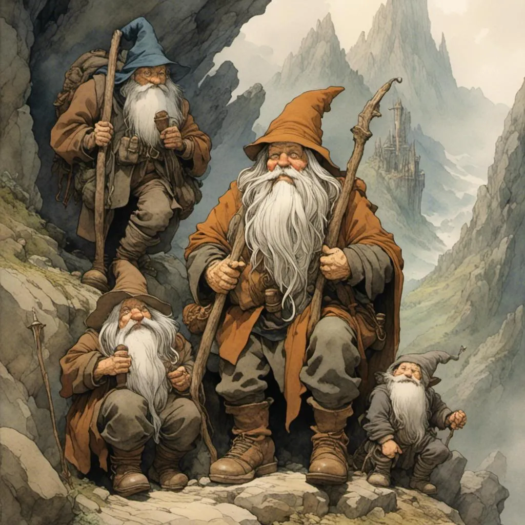 Prompt: <mymodel> a traveling crew consisting of a dwarf, wizard, and hobbit.