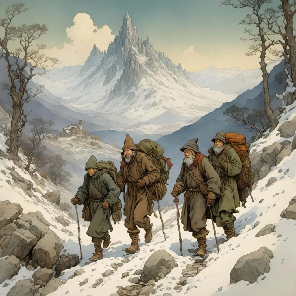 Prompt: <mymodel> a band of men hiking through the snowy mountains