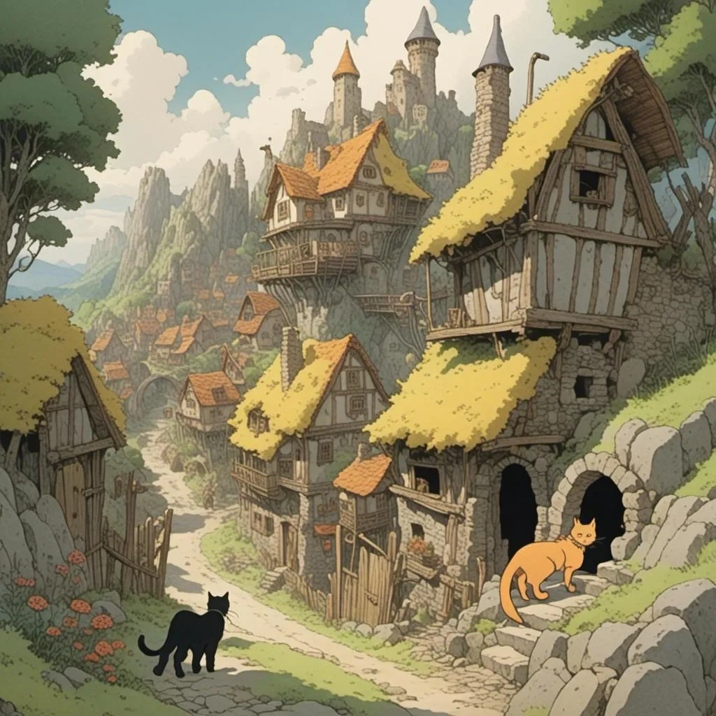 Prompt: <mymodel> a cat finding a village where the inhabitants are all cats. there should be other cats in the image. no humans. studio ghibli style. 