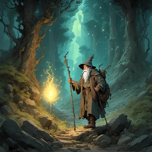 Prompt: <mymodel> a wizard wandering through a magical forest illuminated by the glow of the crystal on his staff. studio ghibli style