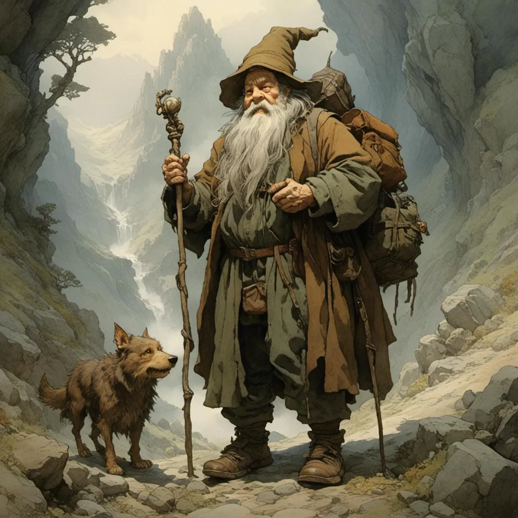 Prompt: <mymodel> a traveling crew consisting of a dwarf, wizard, and hobbit.