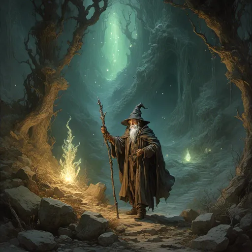 Prompt: <mymodel> a wizard wandering through a magical forest illuminated by the glow of the crystal on his staff