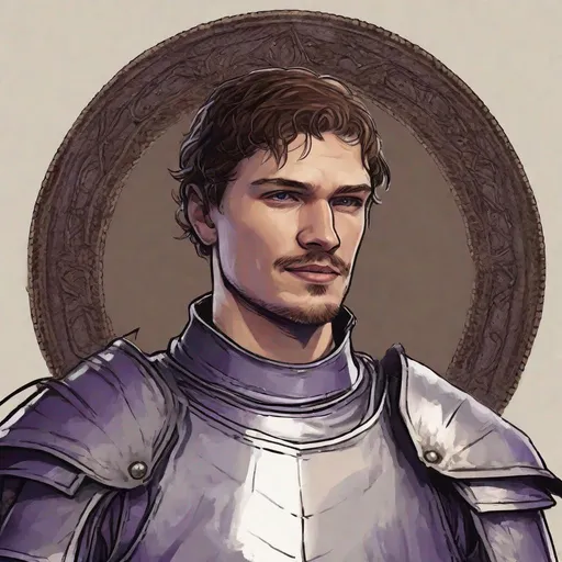 Prompt: Game of Thrones Young Dornish Male with spiky brown hair, a thin mustache and chin hair, scar on his right eye, Lucious thicker lips, Intimidating purple eyes with a serious smile, Member of House Dayne, wearing a heavy white plate armour, clean