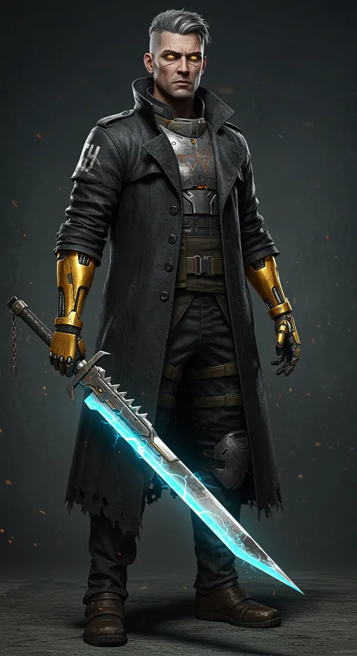 Prompt: Full-body portrait of ASH, a lone sci-fi warrior, standing in dynamic pose. Torn black trench coat, glowing golden cybernetic right arm, gripping a jagged energy sword made from Earth's last starship (blue plasma glow). Scars on face, glowing golden eyes (kinetic energy superpower), short dark hair with gray streaks. Post-apocalyptic armor with broken Terran insignia. Photorealistic, hyper-detailed, 8K, cinematic lighting, dark sci-fi aesthetic. Trending on ArtStation.
