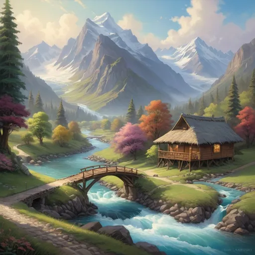Prompt: a painting of a river with a bridge and a hut in the background with a mountain range in the background, Chris LaBrooy, fantasy art, kinkade, a detailed energetic painting
