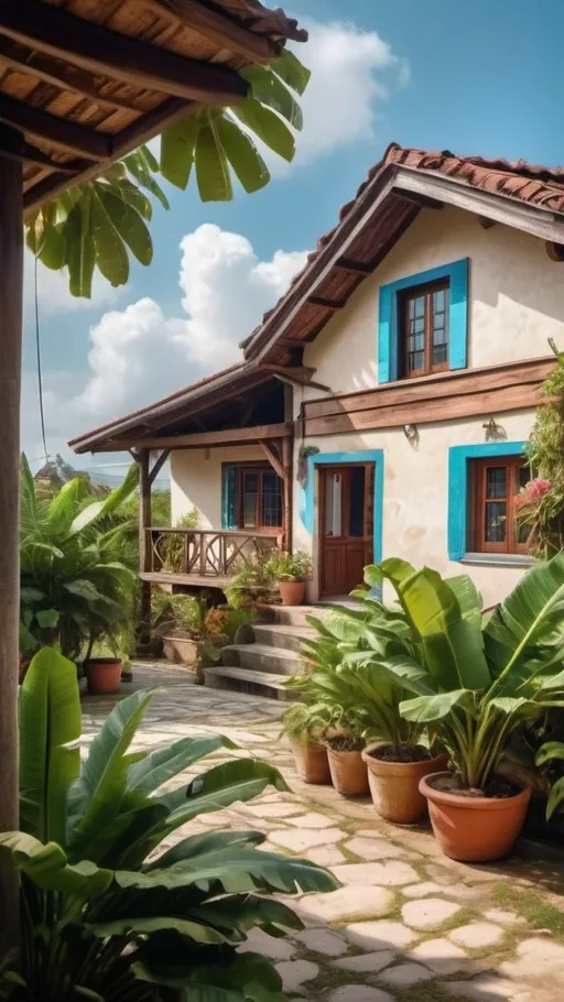 Prompt: digital photo of a rustic house with a beautiful and calm view, the house is decorated simply, neatly, beautifully and has a yard. a peaceful morning atmosphere. Add plant elements such as banana trees, large trees with green leaves, and wooden fences, blue sky with clouds  scattered, a fresh and beautiful day.  The photo is bright and colorful, studio light, vibrant, portrait, Hyper realistic, high resolution 8K,HD.