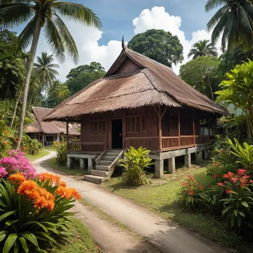 Prompt: A beautifully an image of a classic Malay house , well-kept village. The house, with its wooden construction and thatched roof. In the foreground, there's a trees providing shade and a vibrant flower plant, adding bursts of color to the scene. The village atmosphere is serene, with well-maintained homes and pathways. The level of detail in the image is remarkable, capturing the essence of traditional Malay architecture and village life