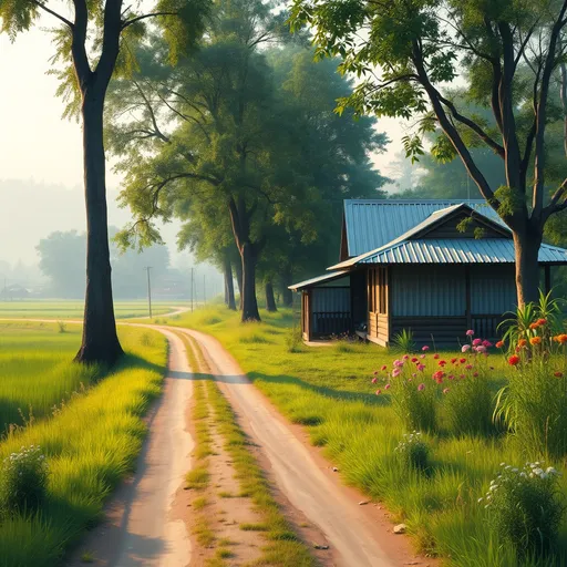 Prompt: An oil color painting of an Indonesian village with a dirt road leading to the horizon. Include a traditional wooden house with a zinc roof, green grass, and wildflowers on both sides of the road. Tall trees with green leaves, a slightly misty atmosphere conveying a calm and moist morning with soft natural lighting. Vibrant, bright, and lively colors. 8K, UHD HDR, detailed.