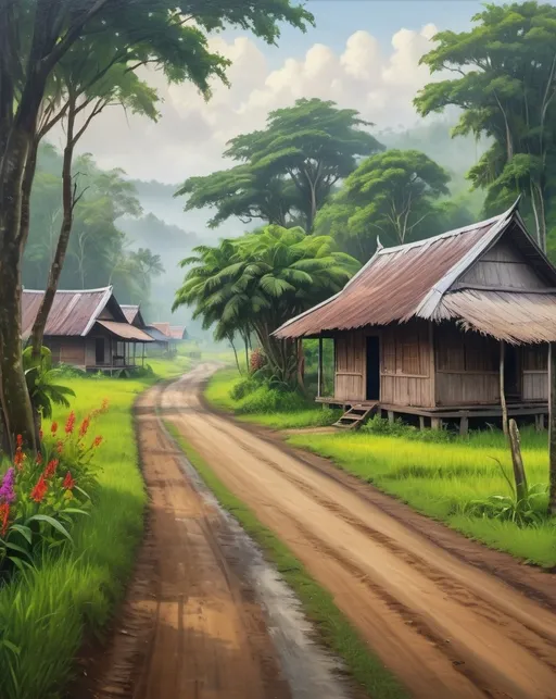 Prompt: An oil color painting of an Indonesian village with a dirt road leading to the horizon. Include a traditional wooden house with a zinc roof, green grass, and wildflowers on both sides of the road. Tall trees with green leaves, a slightly misty atmosphere conveying a calm and moist morning with soft natural lighting. Vibrant, bright, and lively colors. 8K, UHD HDR, detailed.