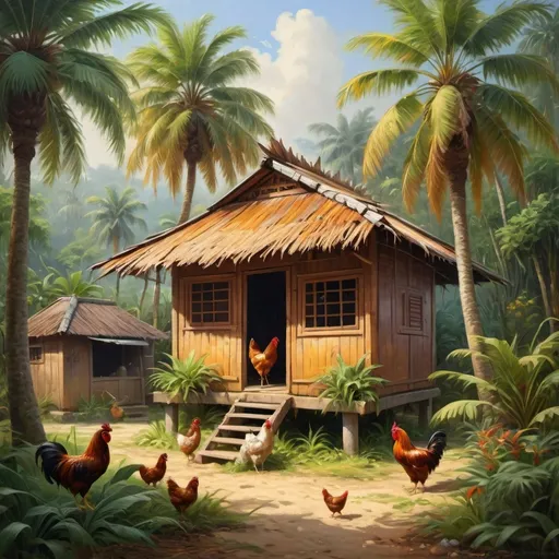 Prompt: a painting of a hut in a tropical setting with a palm tree and chickens in the yard of it, Ding Yunpeng, primitivism, highly detailed oil painting, a detailed painting