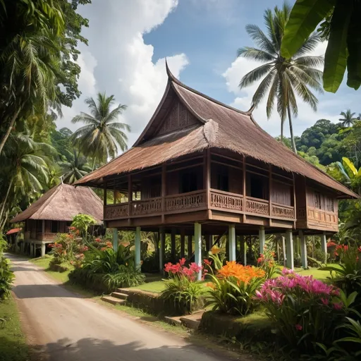 Prompt: A beautifully an image of a classic Malay house , well-kept village. The house, with its wooden construction and thatched roof. In the foreground, there's a trees providing shade and a vibrant flower plant, adding bursts of color to the scene. The village atmosphere is serene, with well-maintained homes and pathways. The level of detail in the image is remarkable, capturing the essence of traditional Malay architecture and village life