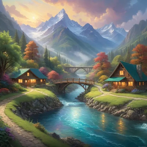 Prompt: a painting of a river with a bridge and a hut in the background with a mountain range in the background, Chris LaBrooy, fantasy art, kinkade, a detailed energetic painting