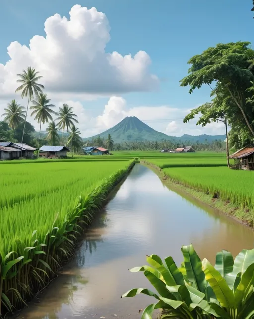 Prompt: an image that features a lively rural landscape with a foreground of ketapang tree branches with green leaves, a small body of water, lush green banana trees and broad leaves. In the center, enter rice fields, and in the background, depict a hills under a clear blue sky with scattered clouds. This image depicts the tranquility and natural beauty in bright and saturated colors that enhance the freshness of the scene,hyper realistic, highlydetailed.