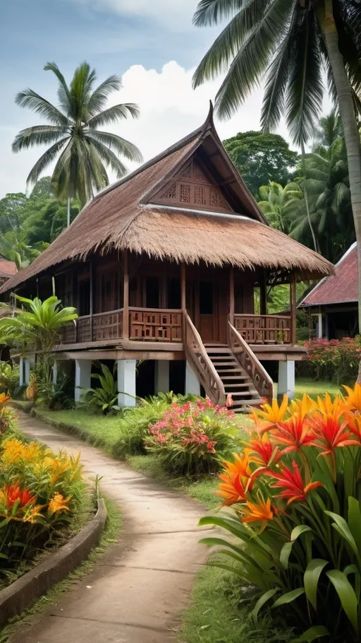 Prompt: A beautifully an image of a classic Malay house , well-kept village. The house, with its wooden construction and thatched roof. In the foreground, there's a trees providing shade and a vibrant flower plant, adding bursts of color to the scene. The village atmosphere is serene, with well-maintained homes and pathways. The level of detail in the image is remarkable, capturing the essence of traditional Malay architecture and village life
