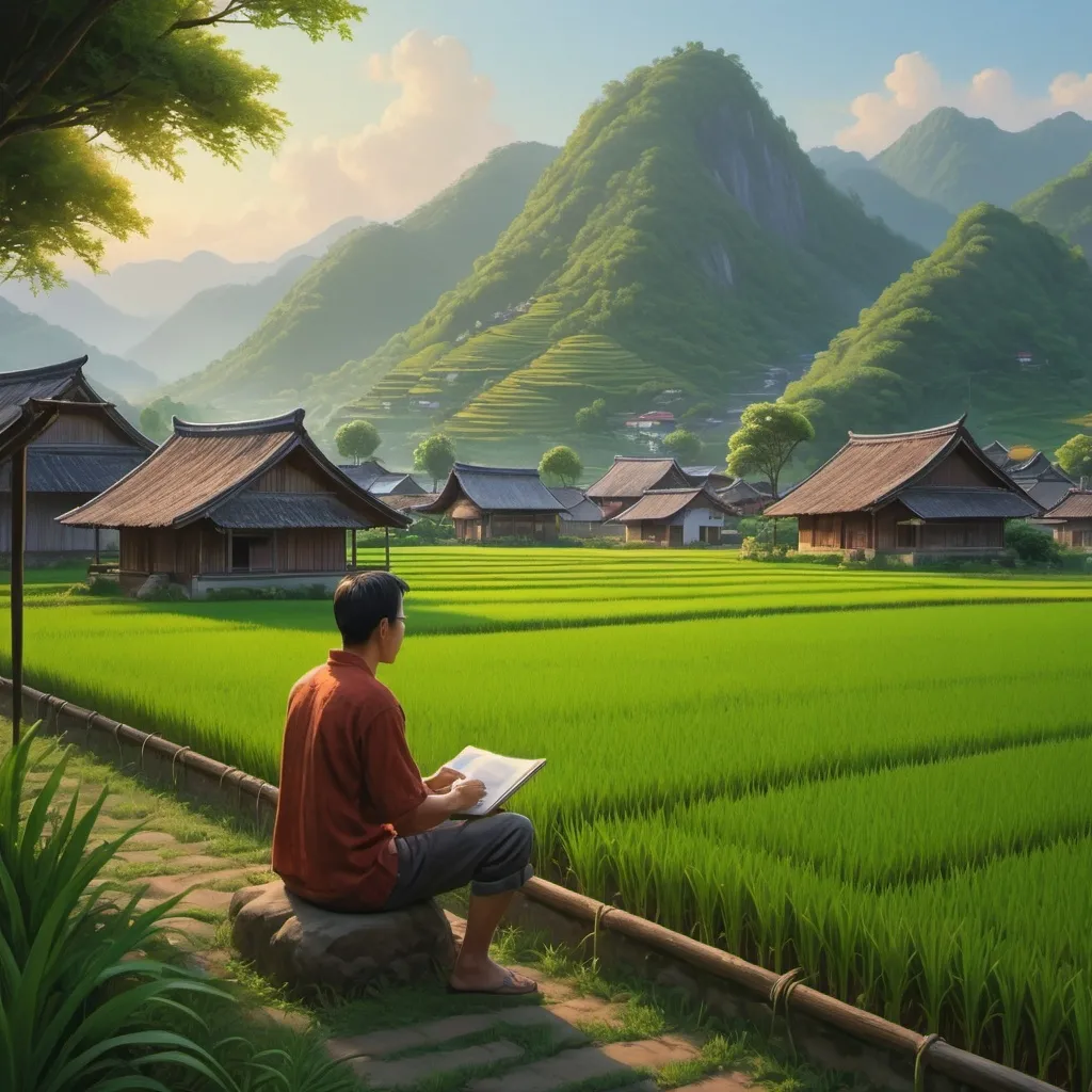 Prompt: A captivating 8K, UHD cinematic landscape painting by Evgeny Lushpin, The scene features a man sitting under the tree, overlooking a picturesque rice field. In the background,village house,a majestic mountain, casting a A captivating 8K, UHD cinematic landscape painting by Evgeny Lushpin, The scene features a man sitting under the tree, overlooking a picturesque rice field. In the background,village house,a majestic mountain, casting a serene shadow on the landscape.The energetic and vivid colors create an immersive experience, transporting the viewer into the heart of this idyllic setting. shadow on the landscape.The energetic and vivid colors create an immersive experience, transporting the viewer into the heart of this idyllic setting.