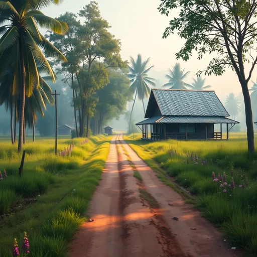 Prompt: An oil color painting of an Indonesian village with a dirt road leading to the horizon. Include a traditional wooden house with a zinc roof, green grass, and wildflowers on both sides of the road. Tall trees with green leaves, a slightly misty atmosphere conveying a calm and moist morning with soft natural lighting. Vibrant, bright, and lively colors. 8K, UHD HDR, detailed.