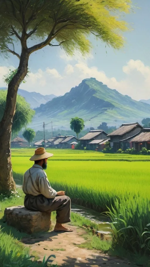 Prompt: A captivating 8K, UHD cinematic landscape painting by Claude Monet,The scene features a man sitting under the tree, overlooking a picturesque rice field. In the background,village house,a majestic mountain, casting a captivating 8K, UHD cinematic landscape painting by Claude Monet, The scene features a man sitting under the tree, overlooking a picturesque paddy field. In the background,village house,a majestic mountain casting a serene shadow on the landscape.The energetic and vivid colors create an immersive experience, transporting the viewer into the heart of this idyllic setting. shadow on the landscape,highly details.The energetic and vivid colors create an immersive experience, transporting the viewer into the heart of this idyllic setting 