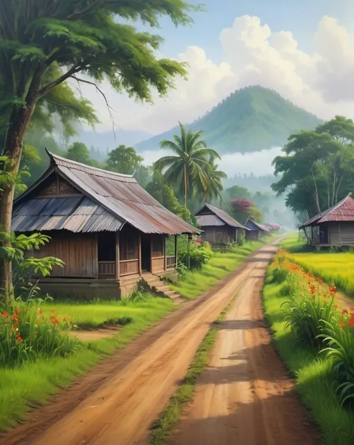 Prompt: An oil color painting of an Indonesian village with a dirt road leading to the horizon. Include a traditional wooden house with a zinc roof, green grass, and wildflowers on both sides of the road. Tall trees with green leaves, a slightly misty atmosphere conveying a calm and moist morning with soft natural lighting. Vibrant, bright, and lively colors. 8K, UHD HDR, detailed.