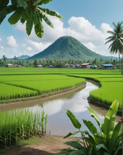 Prompt: an image that features a lively rural landscape with a foreground of ketapang tree branches with green leaves, a small body of water, lush green banana trees and broad leaves. In the center, enter rice fields, and in the background, depict a hills under a clear blue sky with scattered clouds. This image depicts the tranquility and natural beauty in bright and saturated colors that enhance the freshness of the scene,hyper realistic, highlydetailed.