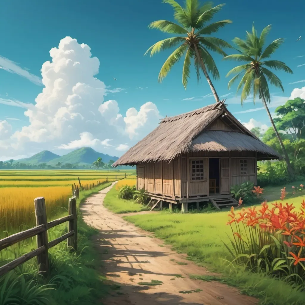 Prompt: a digital painting in the style of romanticism that captures the beauty of quiet rural life in a tropical landscape. a rustic wooden hut with a thatched roof is located at the edge of the painting, a dirt road with a worn path leading to the wooden hut, with a wooden fence, a green paddy field,coconut tree In the foreground, add colorful wildflowers to enhance the tropical atmosphere, blue sky with scattered cloud.Studio Ghibli, energetic colour,highly detail,Beauty camera effects, 8K, UHD , HDR ,