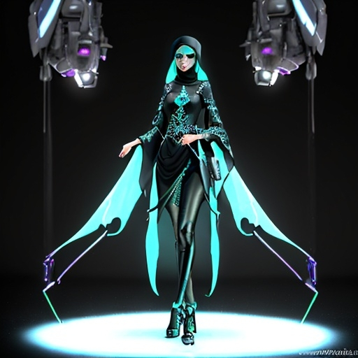 Prompt: 3D fantasy, futuristic, neon avatar of a Cybernetic Malay Muslim girl in the 3030s wearing an abaya, chiffon shawl, and high-heeled shoes made of high-tech electronics, holding an electronic handbag, looking elegant with a beauty camera effect, in 8K HD resolution, 3d render, futuristic fashion