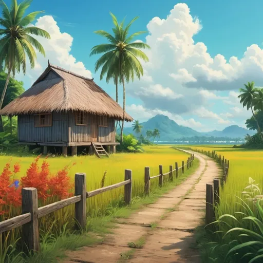 Prompt: a digital painting in the style of romanticism that captures the beauty of quiet rural life in a tropical landscape. a rustic wooden hut with a thatched roof is located at the edge of the painting, a dirt road with a worn path leading to the wooden hut, with a wooden fence, a green paddy field,coconut tree In the foreground, add colorful wildflowers to enhance the tropical atmosphere, blue sky with scattered cloud.Studio Ghibli, energetic colour,highly detail,Beauty camera effects, 8K, UHD , HDR ,