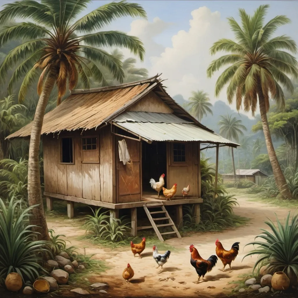 Prompt: a painting of a hut in a tropical setting with a palm tree and chickens in the yard of it, Ding Yunpeng, primitivism, highly detailed oil painting, a detailed painting