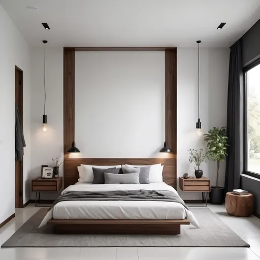 Prompt: A 3x3 meter room with light gray porcelain flooring accented with white, a walnut-colored door, a window, and white walls without any interior decor. Add white and wood-colored furniture, such as a bed, nightstand, and wardrobe. Incorporate a black-framed mirror on one wall for a bold touch. Choose accessories like cushions, rugs, and vases in a mix of black, walnut, and white to create a harmonious and stylish space.