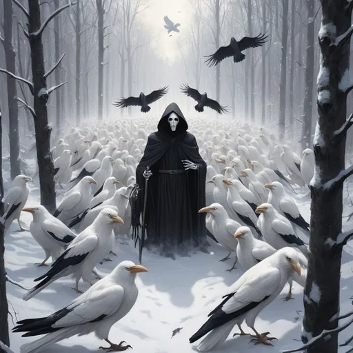 Prompt:  a flock of white crows surrounding you in a snowy forest, Looking down on you. Alongside a grim reaper

