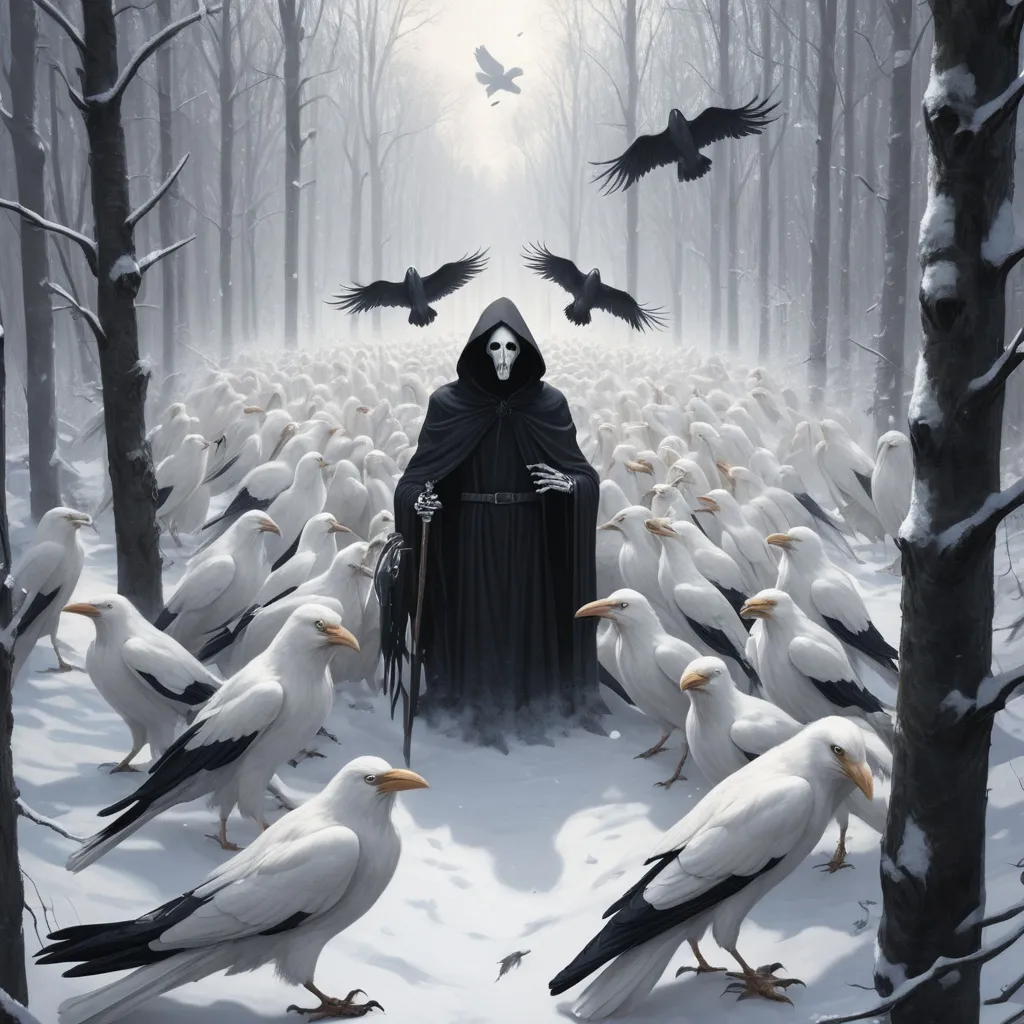 Prompt:  a flock of white crows surrounding you in a snowy forest, Looking down on you. Alongside a grim reaper

