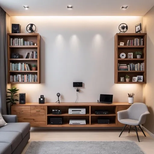 Prompt: Design a beautiful looking wall for a YouTube video that has a good GB light setup,it has a nice book shelve with some books and music instruments and gadgets with a YouTube play button on one of the shelve and some tech gadgets on the shelve.Make it a simple and less busy one.