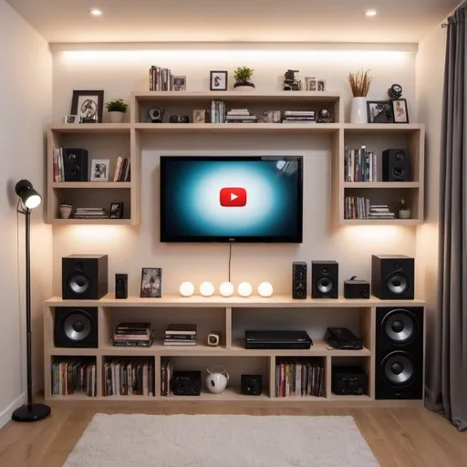 Prompt: Design a beautiful looking wall for a YouTube video that has a good GB light setup,it has a nice book shelve with some books and music instruments and gadgets with a YouTube play button on one of the shelve and some tech gadgets on the shelve.Make it a simple and less busy one.