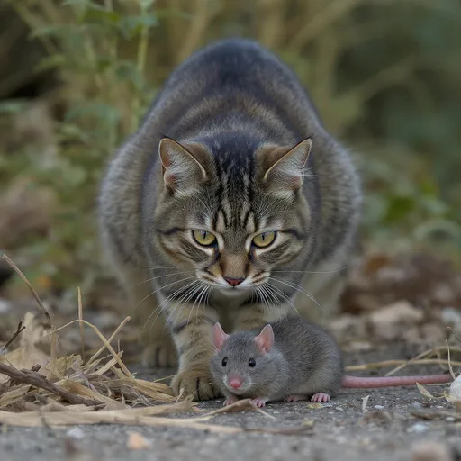 Prompt: A cat attaking a rat