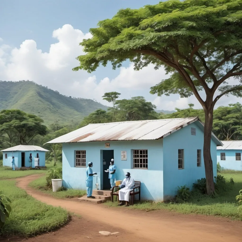 Prompt: A small clinic painted in white and light blue set on a vast land with lots of lush greenery. Black doctor attending to black patients 
