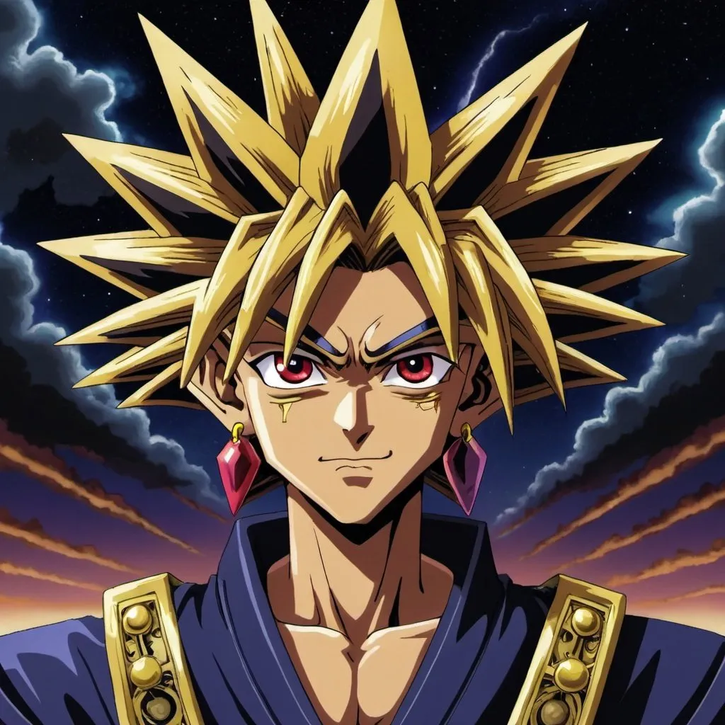 Prompt: yugi mixed with exodia in a dark sky