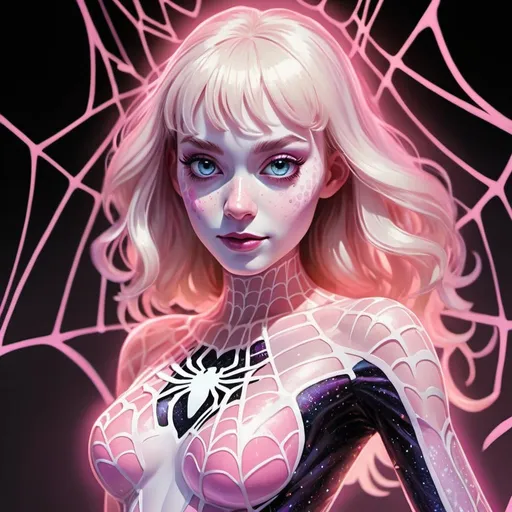 Prompt: colorful pastel ink sketch of a disrobed au natruel doll like pastel pink Spider Gwen with brightly glowing dichromatic eyes, wearing a see-through lace leotard suit, softly glowing highlights, in muted pastel colors, intricate, detailed, maximalist, in 8k resolution