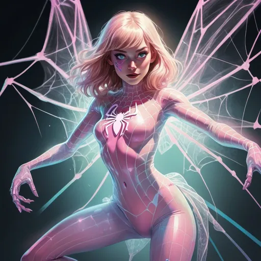 Prompt: colorful pastel ink sketch of a disrobed au natruel doll like pastel pink Spider Gwen with brightly glowing dichromatic eyes, wearing a see-through sheer lace leotard suit, fighting a robotic fairy, softly glowing highlights, in muted pastel colors, intricate, detailed, maximalist, in 8k resolution