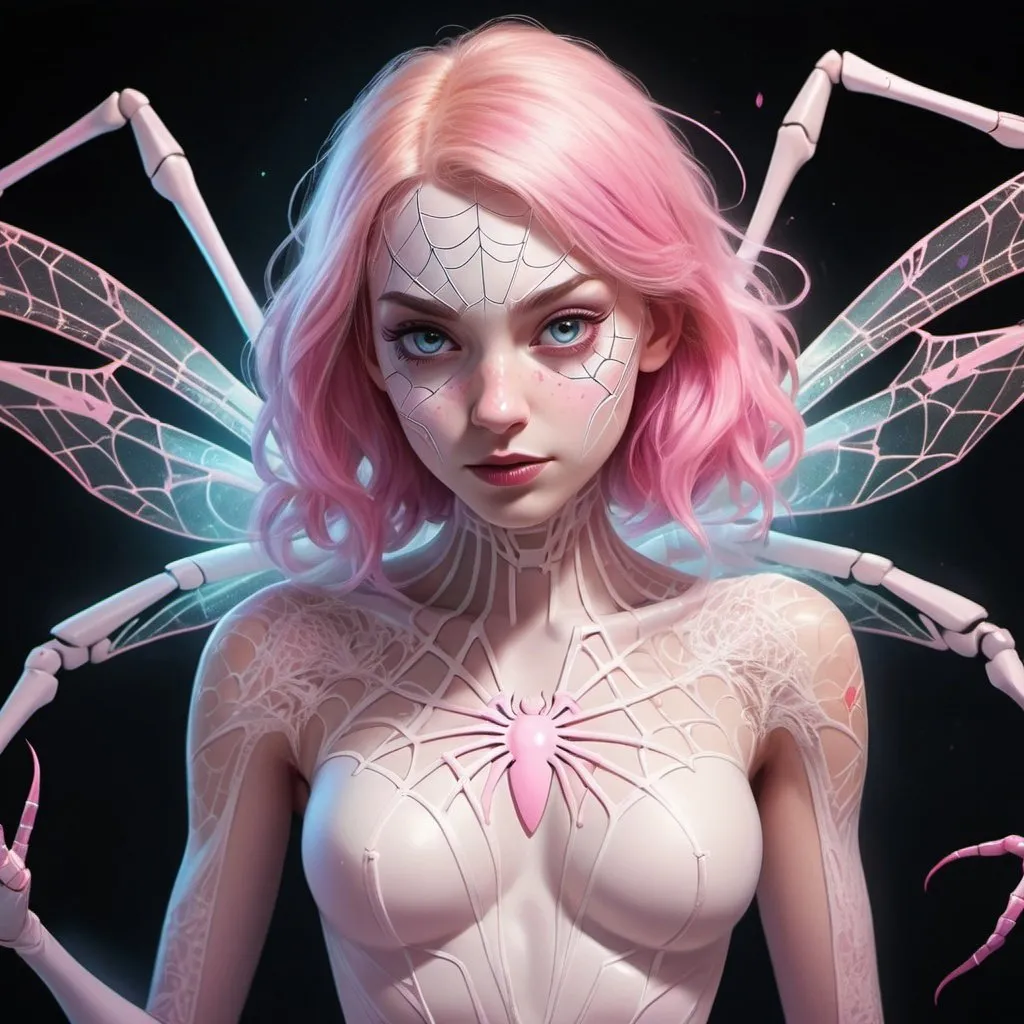 Prompt: colorful pastel ink sketch of an au naturale disrobed doll like pastel pink Spider Gwen with brightly glowing dichromatic eyes, with a delicate lace full body tattoo, fighting a robotic fairy, softly glowing highlights, in muted pastel colors, intricate, detailed, maximalist, in 8k resolution