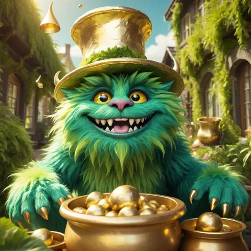 Prompt: Green furry handsome monster, gold fadora hat, sunny day, juggling btc gold, pots of gold, shiny fur with reflections, friendly smile, lush greenery, detailed eyes, highres, sunny, fantasy, whimsical, gold tones, vibrant lighting